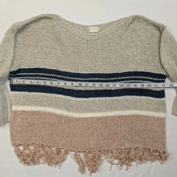 Altar'd State women's striped fringe knit sweater, tan pink navy cream size M - Picture 3 of 10